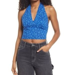 Bp Print V-Neck Halter Top in Blue Frosty Foulard Size M